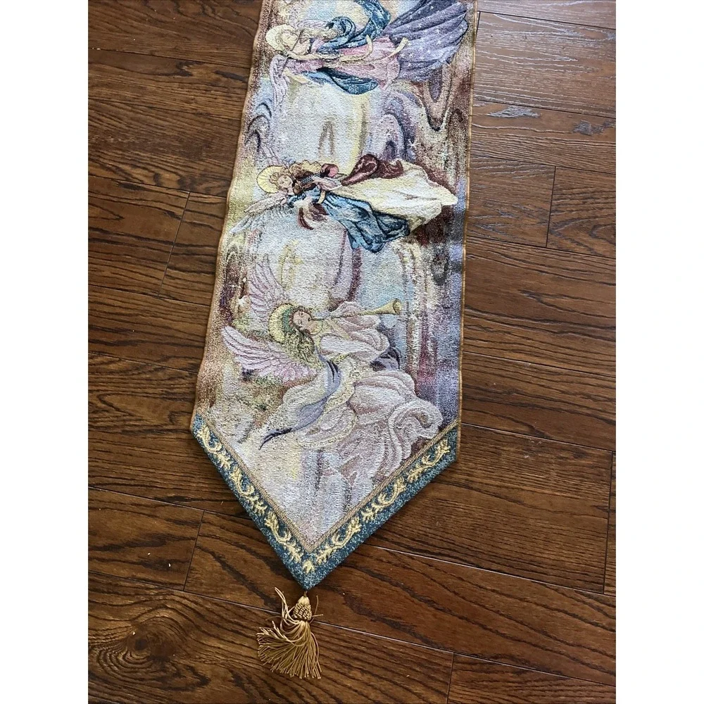 VTG Lena Liu ANGELs Playing Music Tapestry Table Runner w/ Tassels 72